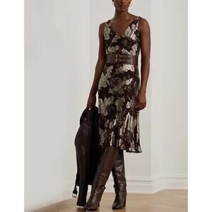 Lauren Ralph Lauren Women's Sleeveless Metallic Jacquard Dress Red Mu Size 16